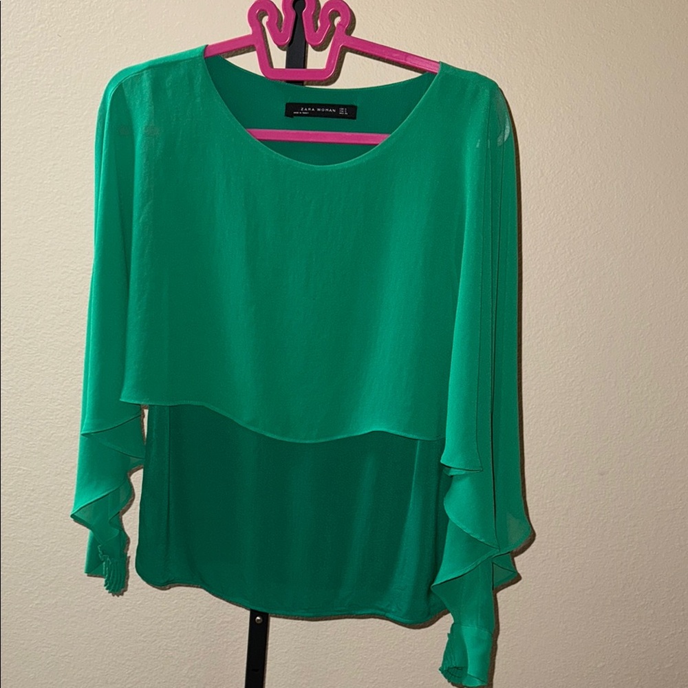 Zara Green Asymmetrical Ruffled Flutter Sleeve Blouse Bright Green Size 8